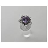 Silvertone Ring w Purple Heart Stone Sz 8