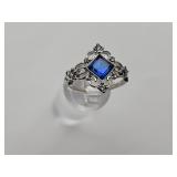 Silvertone Ring w Blue Stone Sz 10