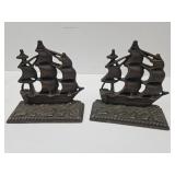 Vintage Cast Iron Constitution Ship Book Ends 5" H