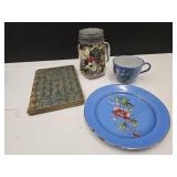 VTG Button, School Book, Porcelain Plate & Cup
