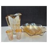 Vintage Peach Luster Pitcher, Glasses & Bowl 11.5W