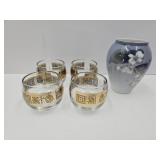 Royal Copengagen Vase & 22K Trim Cocktail Glasses