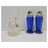 Glass Swan & Cobalt  Glass Salt & Pepper Shakers