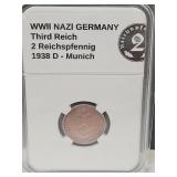 1938 D WWII Germany (2pf) Bronze Coin