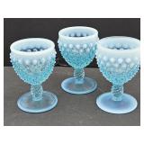 3 Fenton Blue Glass Hobnail Stemware Goblets