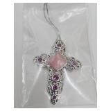 JTV Pink & Saphire Cross Sterling Silver Necklace