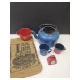 Small Cowbell & Graniteware Cups, Kettle & Burlap
