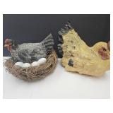 2 Chickens W Nest & Eggs Up To 12" L