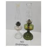 2 Vintage Oil Lamps; Green & Clear Glass
