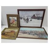 Winter Scene Barn House W Girl, Animals & Barn Art