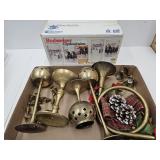 Brass Candle Holders & Budweiser Christmas Glass