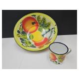 Vintage Porcelain Enamel Bowl 12" W & Matching Cup