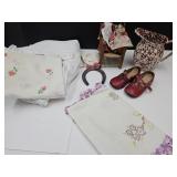 Vintage Doilies, Porcelain Dolls, Shoes & Pitcher