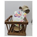 Oak Crate W Wood Bowl, Hat & Bunny Sign