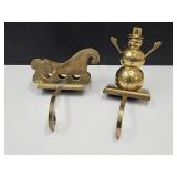 Heavy Brass Snowman & Sleigh Stocking Holder Set