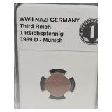 1939 D WWII Germany (1pf) Bronze Coin