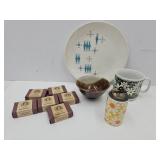 MCM Plate, Mug, Pin Tainers +