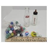 Vintage Glass Baby Bottle, Marbles, Pepsi Bottle