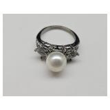 Faux Pearl & CZ Ring Sz 10.5