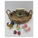 Vintage Salt & Pepper  Shakers, Basket & Roosters