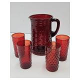 Ruby Red Hobnail Pitcher & Glasses