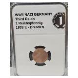 WWII German Bronze 1938  E 1PF Coin