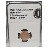 WWII German Bronze 1939A 1PF Coin