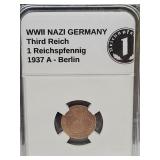 WWII German Bronze 1937 A 1PF Coin