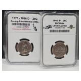2 UNC Quarter Coins Indiana & Independence