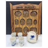 Oak Picture Frame, VTG Teapot w Windmill Scene
