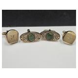 2 Pair Nice Cuff Links Genuine Jade & Etched