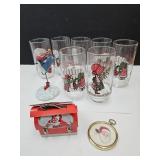 Coca Cola Glasses, Tin Ornament +