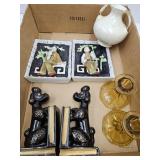 VTG Poodle Book Ends, Amber Candle Holders, Orienl