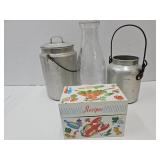 1qt Fisher Milk Bottle, Recipe Box, Aluminum Cans