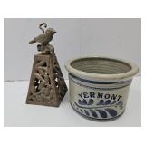 Vermont Signed Crock w Crack & Cast Bird No Dinger