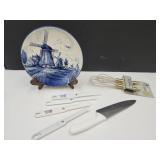 Delft Blue Plate, Silicone Whisks, Cheese Cutters+