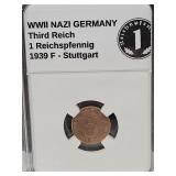 WWII German Bronze 1939 F 1PF Coin