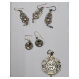 925 Silver Pendant & Metal Art Earrings