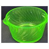 Uranium Glass Butter Tub 2 Tab Handled Bowl 5 3/8