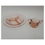 Pink Depression Divided Plate 8" W & Sugar Dish