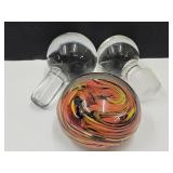 Beautiful Glass Paperweight Unmarked & 2 Stoppers