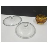 Indiana Glass Footed Bowl 5"W& 2 Glass Lids