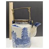 Antique Oriental Porcelain Pot W Brass Handle