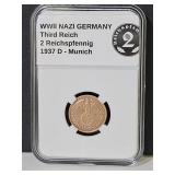 WWII German Bronze 1937 D 2PF Coin