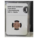 WWII German Bronze 1937 A 1PF Coin