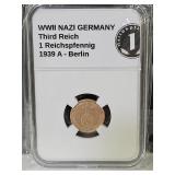 WWII German Bronze 1939 A 1PF Coin