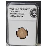 WWII German Bronze 1937 A 2PF Coin
