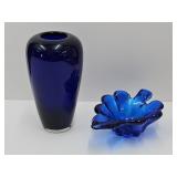 Cobalt Art Glass Vase 7.5" h & Leaf Bowl