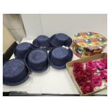 6 New Hats, Hatbox,& Flower Pins
