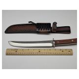 New 13" Wood Handle Knife w Sheath & Box